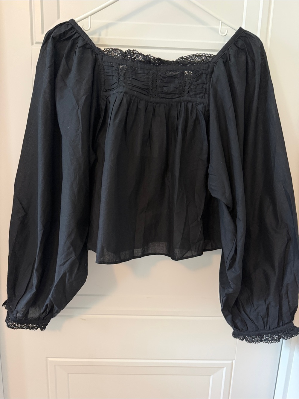 Divided Black Lace-Trim Square Neck Cropped Peasant Blouse - Picture 3 of 6